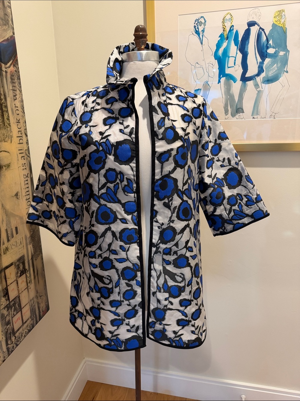 Yushi Blue, Gray & Black Floral Abstract Print  Ruffle-Collar Jacket